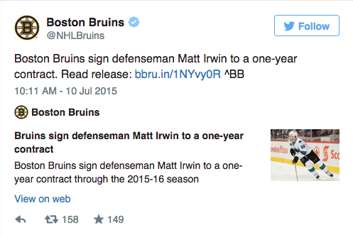 Matt Irwin Signed to the Bruins